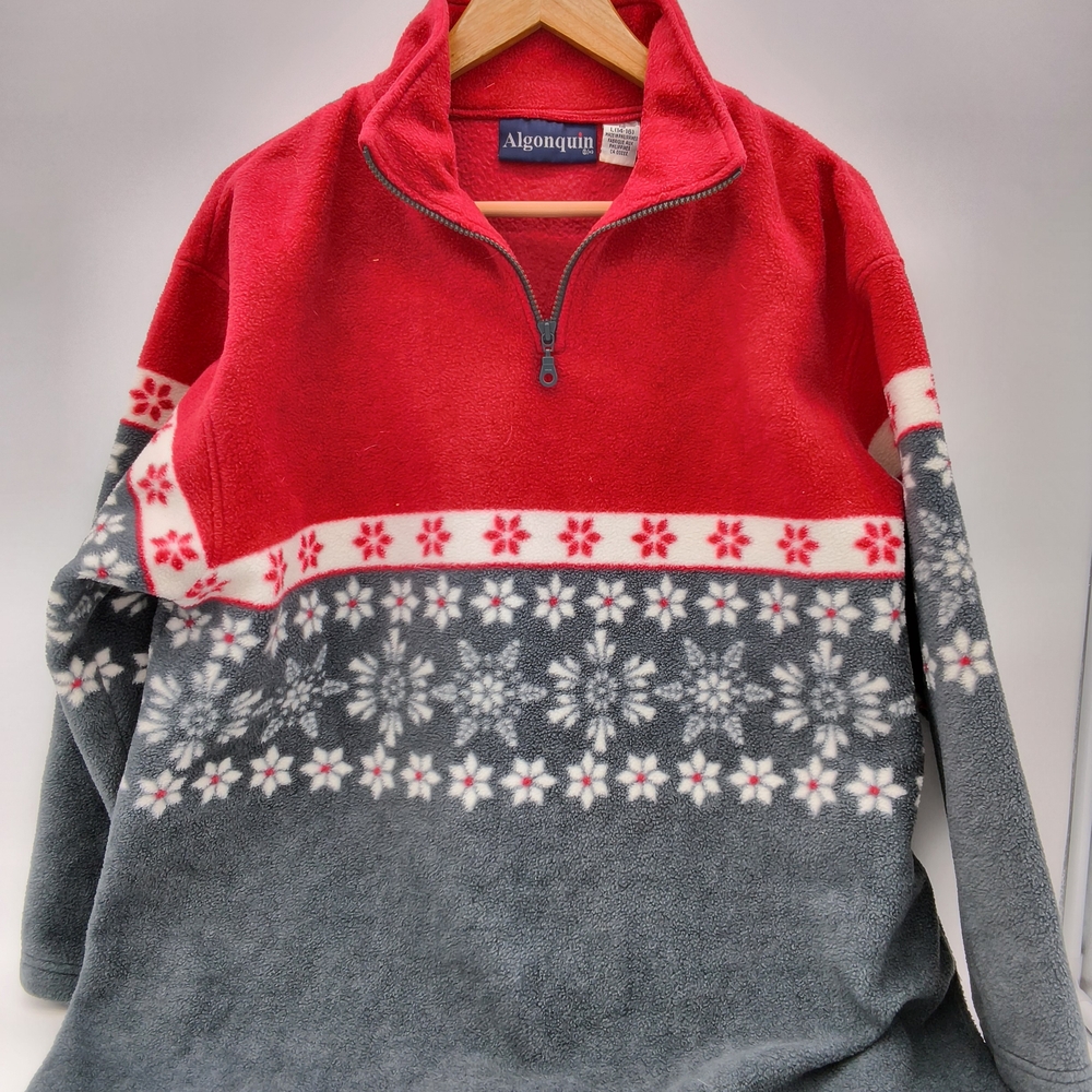 Vintage Algonquin Quarter Zip Fleece Pullover Sweater Nordic Snowflake Red